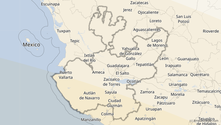 A map of Jalisco, Mexiko, showing the path of the 12. Aug 2064 Totale Sonnenfinsternis
