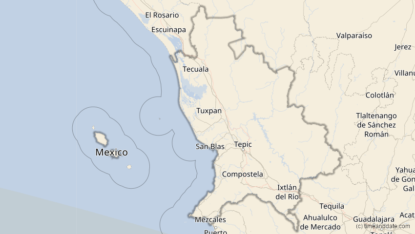 A map of Nayarit, Mexiko, showing the path of the 12. Aug 2064 Totale Sonnenfinsternis