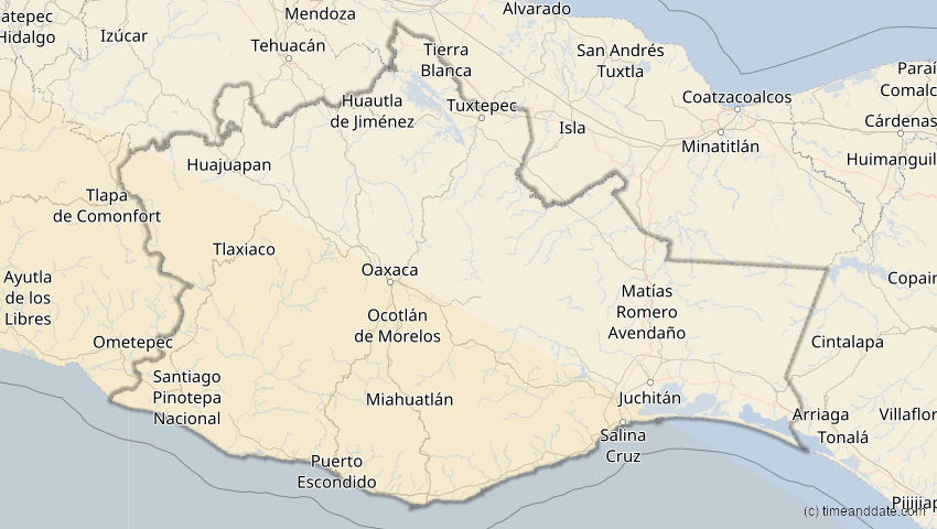 A map of Oaxaca, Mexiko, showing the path of the 12. Aug 2064 Totale Sonnenfinsternis