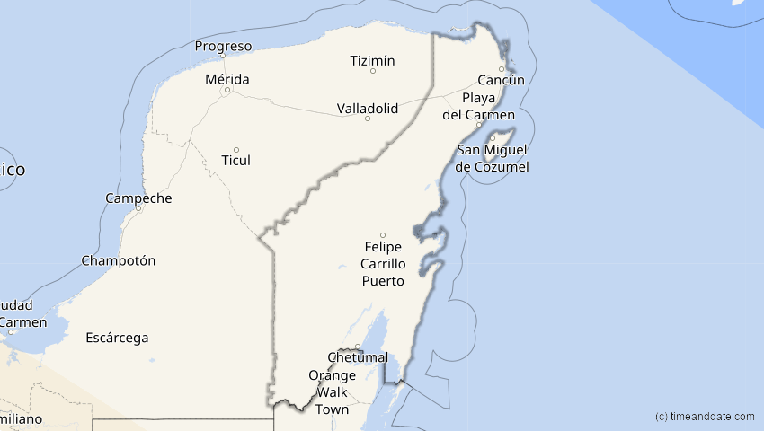 A map of Quintana Roo, Mexiko, showing the path of the 12. Aug 2064 Totale Sonnenfinsternis