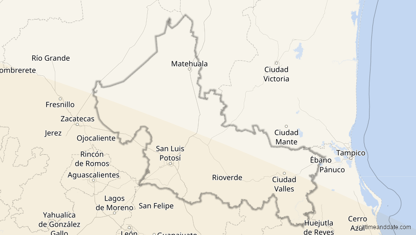 A map of San Luis Potosí, Mexiko, showing the path of the 12. Aug 2064 Totale Sonnenfinsternis