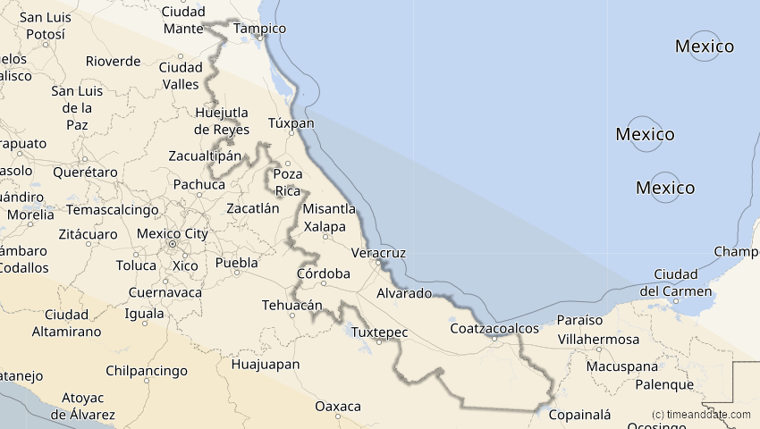 A map of Veracruz, Mexiko, showing the path of the 12. Aug 2064 Totale Sonnenfinsternis