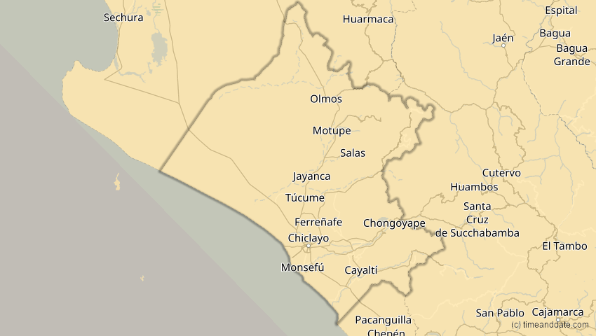 A map of Lambayeque, Peru, showing the path of the 12. Aug 2064 Totale Sonnenfinsternis