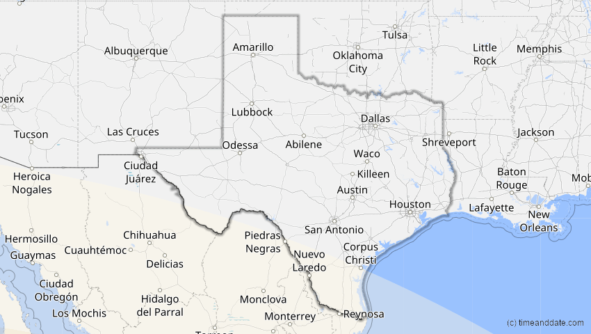 A map of Texas, USA, showing the path of the 12. Aug 2064 Totale Sonnenfinsternis