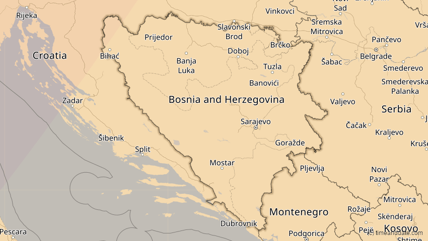 A map of Bosnien und Herzegowina, showing the path of the 5. Feb 2065 Partielle Sonnenfinsternis