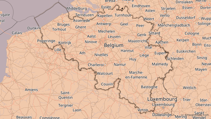A map of Belgien, showing the path of the 5. Feb 2065 Partielle Sonnenfinsternis