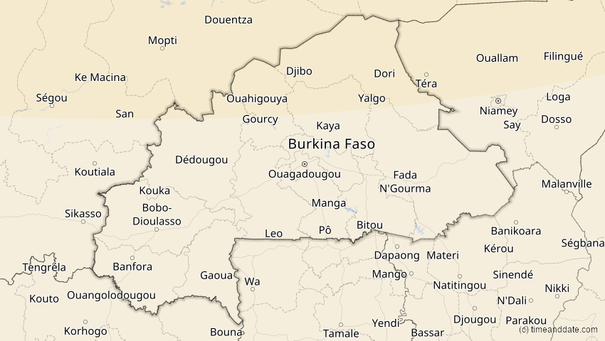 A map of Burkina Faso, showing the path of the 5. Feb 2065 Partielle Sonnenfinsternis