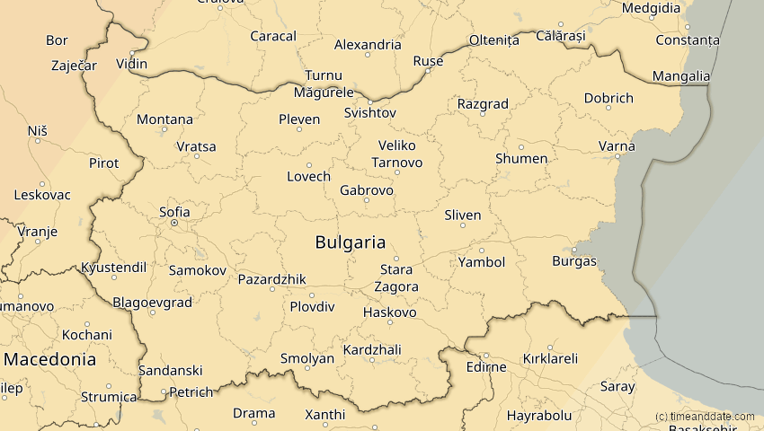A map of Bulgarien, showing the path of the 5. Feb 2065 Partielle Sonnenfinsternis