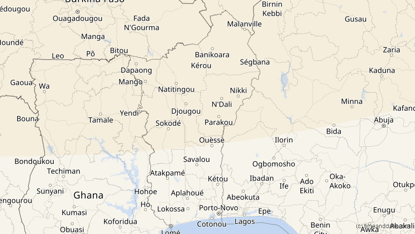 A map of Benin, showing the path of the 5. Feb 2065 Partielle Sonnenfinsternis