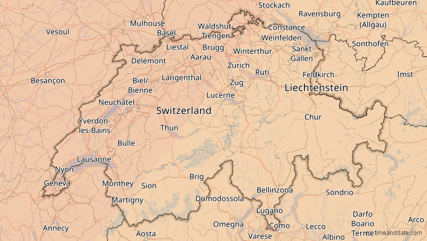 A map of Schweiz, showing the path of the 5. Feb 2065 Partielle Sonnenfinsternis