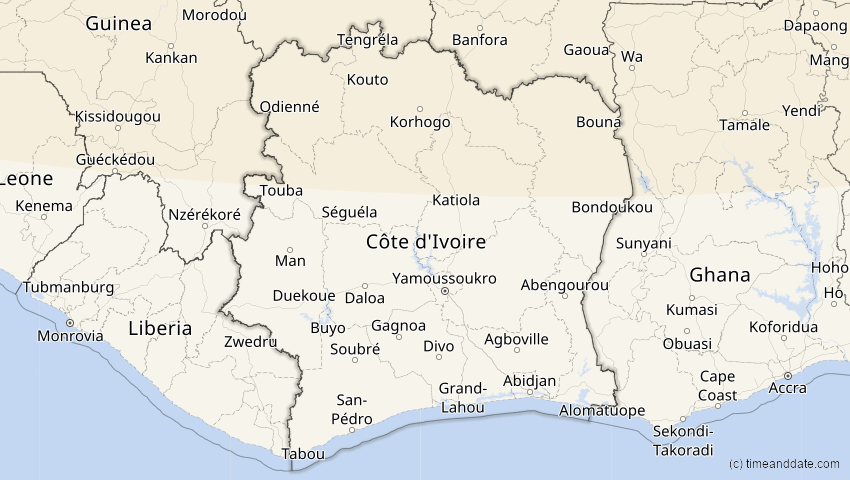 A map of Elfenbeinküste (Côte d'Ivoire), showing the path of the 5. Feb 2065 Partielle Sonnenfinsternis