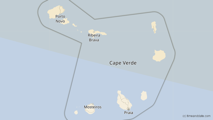 A map of Cabo Verde, showing the path of the 5. Feb 2065 Partielle Sonnenfinsternis