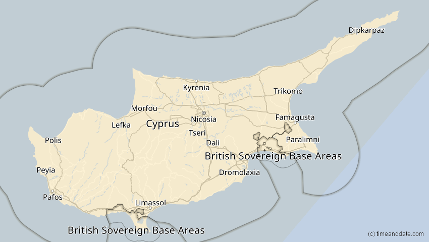 A map of Zypern, showing the path of the 5. Feb 2065 Partielle Sonnenfinsternis