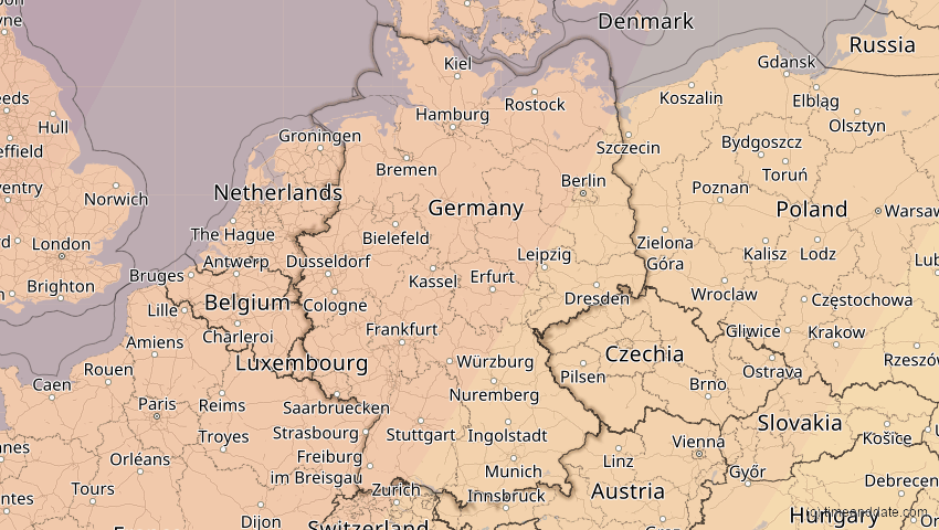 A map of Deutschland, showing the path of the 5. Feb 2065 Partielle Sonnenfinsternis