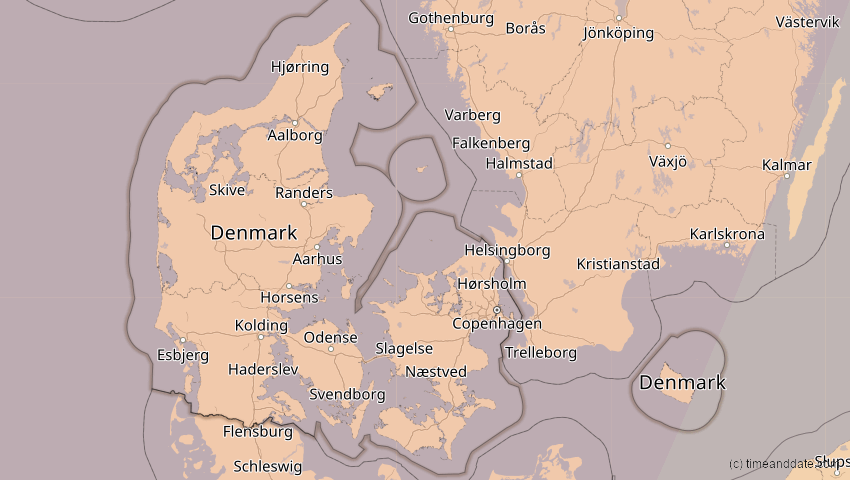 A map of Dänemark, showing the path of the 5. Feb 2065 Partielle Sonnenfinsternis