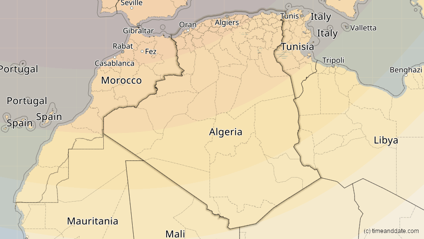 A map of Algerien, showing the path of the 5. Feb 2065 Partielle Sonnenfinsternis