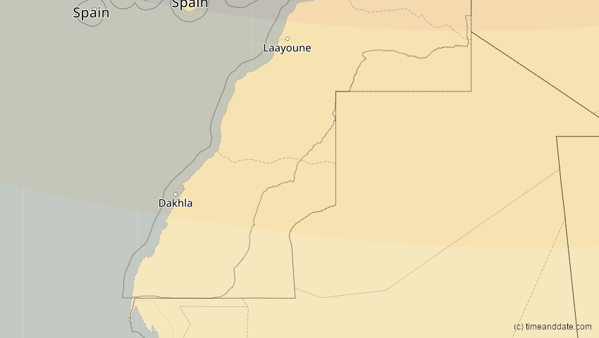 A map of Westsahara, showing the path of the 5. Feb 2065 Partielle Sonnenfinsternis