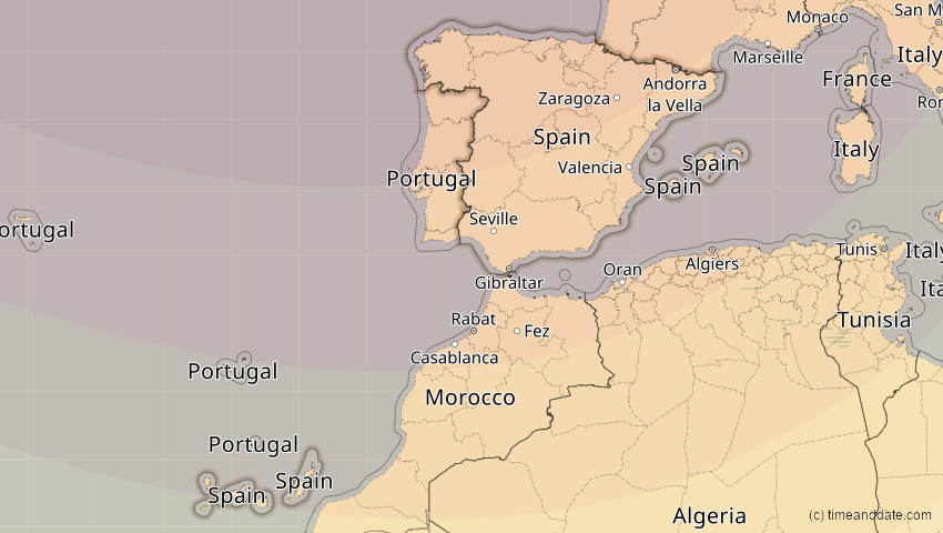 A map of Spanien, showing the path of the 5. Feb 2065 Partielle Sonnenfinsternis