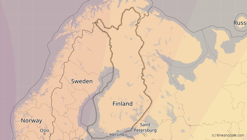 A map of Finnland, showing the path of the 5. Feb 2065 Partielle Sonnenfinsternis