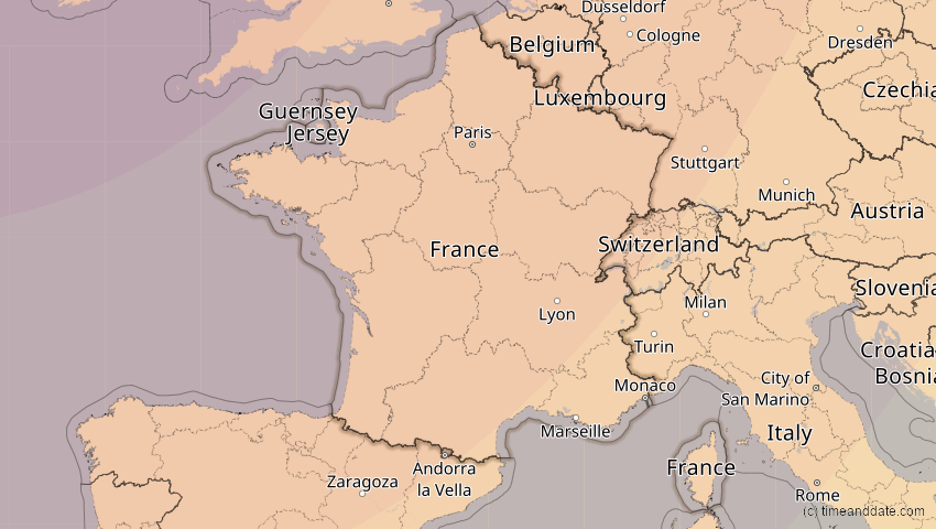 A map of Frankreich, showing the path of the 5. Feb 2065 Partielle Sonnenfinsternis
