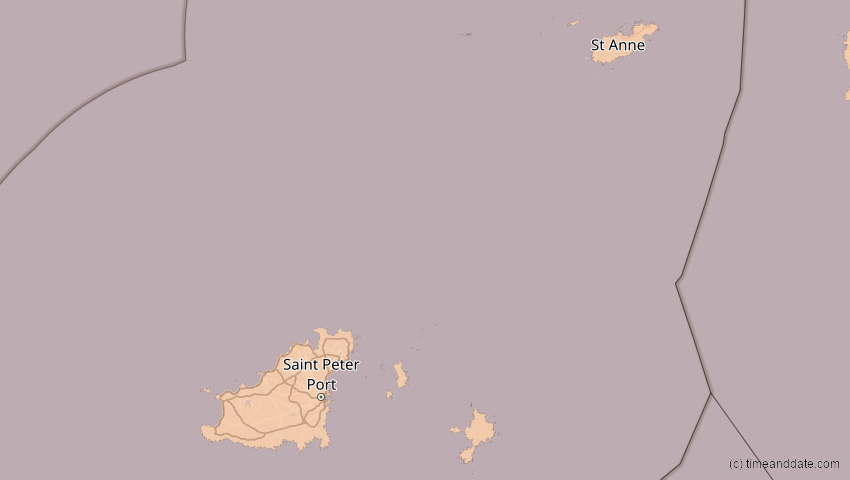 A map of Guernsey, showing the path of the 5. Feb 2065 Partielle Sonnenfinsternis