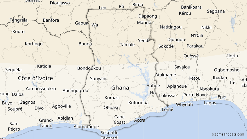 A map of Ghana, showing the path of the 5. Feb 2065 Partielle Sonnenfinsternis