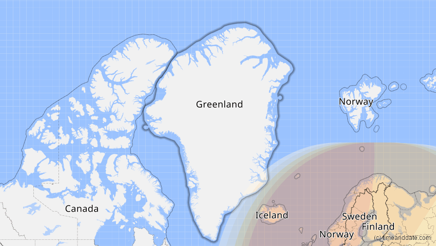 A map of Grönland, showing the path of the 5. Feb 2065 Partielle Sonnenfinsternis