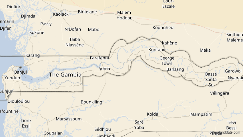 A map of Gambia, showing the path of the 5. Feb 2065 Partielle Sonnenfinsternis