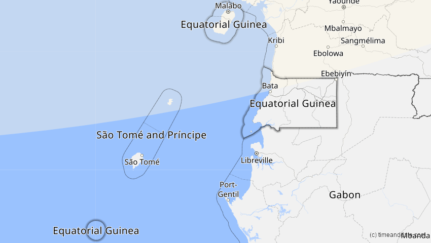 A map of Äquatorialguinea, showing the path of the 5. Feb 2065 Partielle Sonnenfinsternis