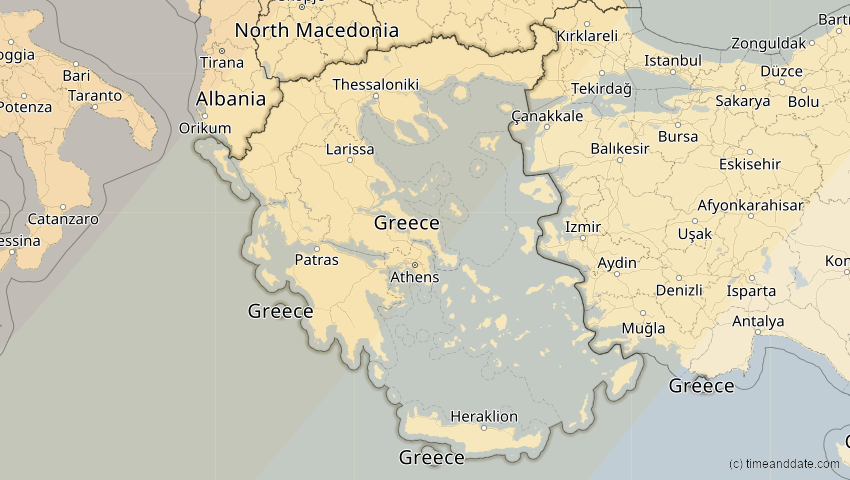 A map of Griechenland, showing the path of the 5. Feb 2065 Partielle Sonnenfinsternis