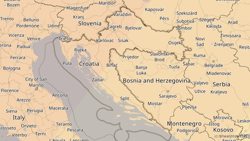 A map of Kroatien, showing the path of the 5. Feb 2065 Partielle Sonnenfinsternis