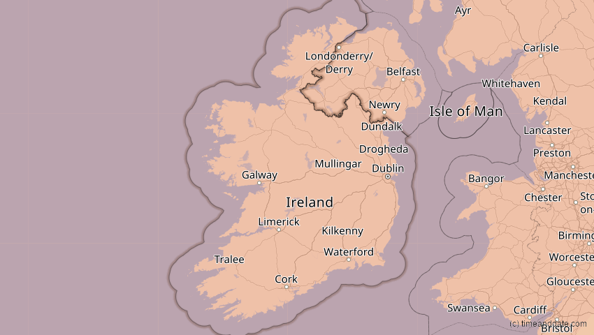 A map of Irland, showing the path of the 5. Feb 2065 Partielle Sonnenfinsternis