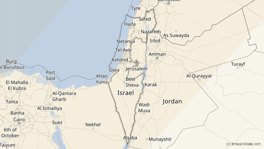A map of Israel, showing the path of the 5. Feb 2065 Partielle Sonnenfinsternis