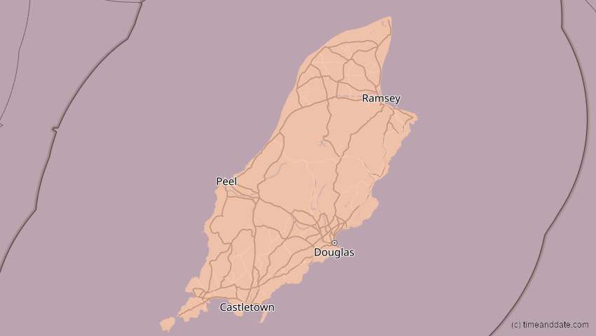 A map of Isle of Man, showing the path of the 5. Feb 2065 Partielle Sonnenfinsternis
