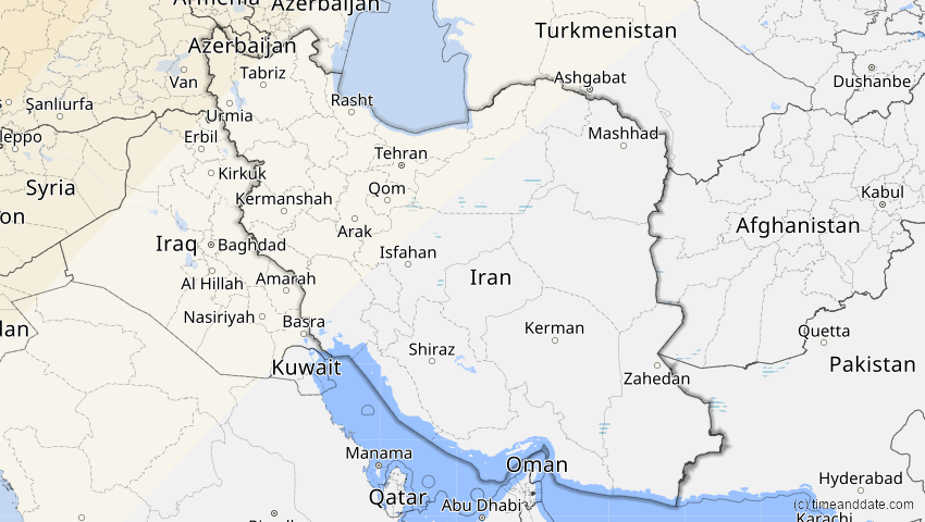 A map of Iran, showing the path of the 5. Feb 2065 Partielle Sonnenfinsternis