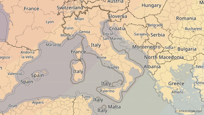 A map of Italien, showing the path of the 5. Feb 2065 Partielle Sonnenfinsternis