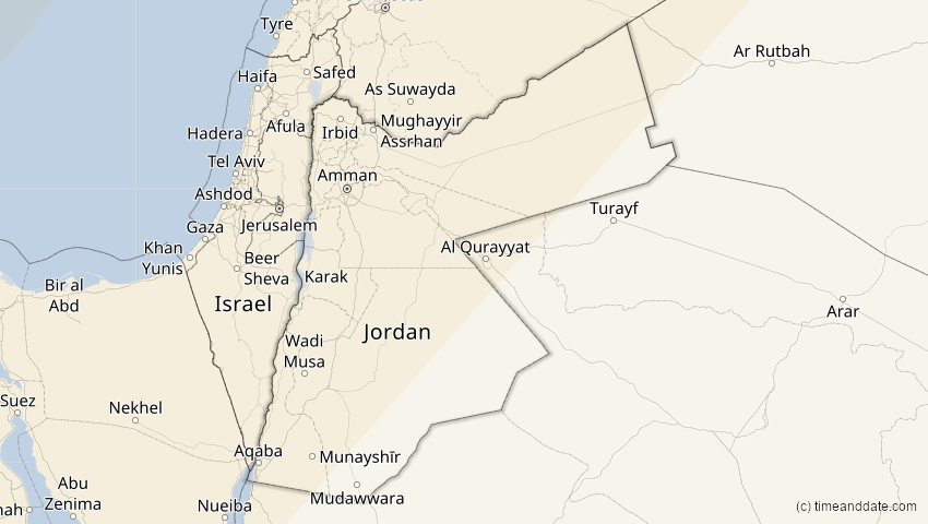 A map of Jordanien, showing the path of the 5. Feb 2065 Partielle Sonnenfinsternis
