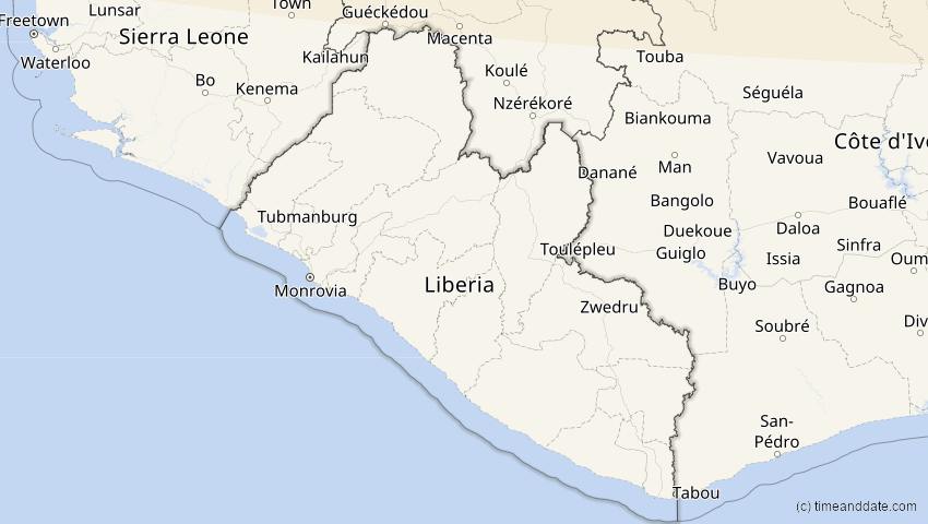 A map of Liberia, showing the path of the 5. Feb 2065 Partielle Sonnenfinsternis