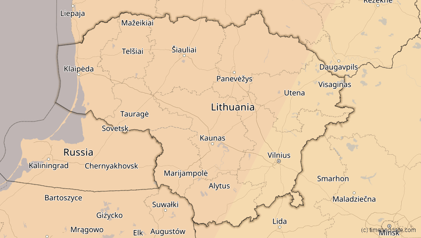 A map of Litauen, showing the path of the 5. Feb 2065 Partielle Sonnenfinsternis