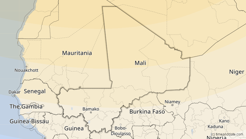 A map of Mali, showing the path of the 5. Feb 2065 Partielle Sonnenfinsternis