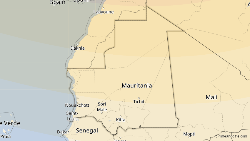 A map of Mauretanien, showing the path of the 5. Feb 2065 Partielle Sonnenfinsternis