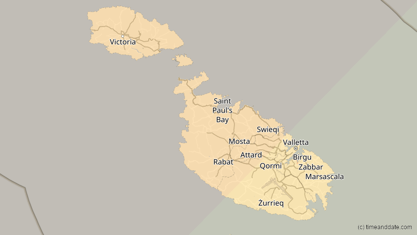 A map of Malta, showing the path of the 5. Feb 2065 Partielle Sonnenfinsternis