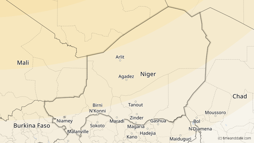 A map of Niger, showing the path of the 5. Feb 2065 Partielle Sonnenfinsternis
