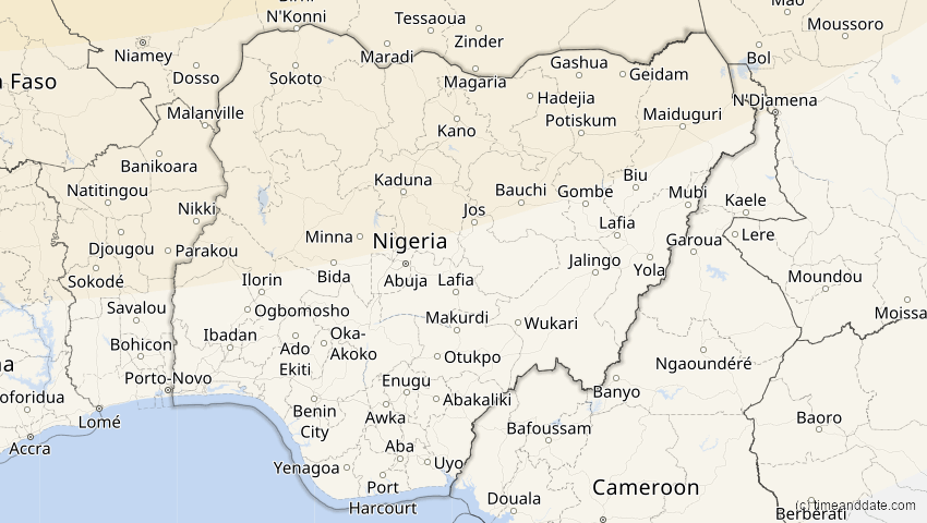 A map of Nigeria, showing the path of the 5. Feb 2065 Partielle Sonnenfinsternis