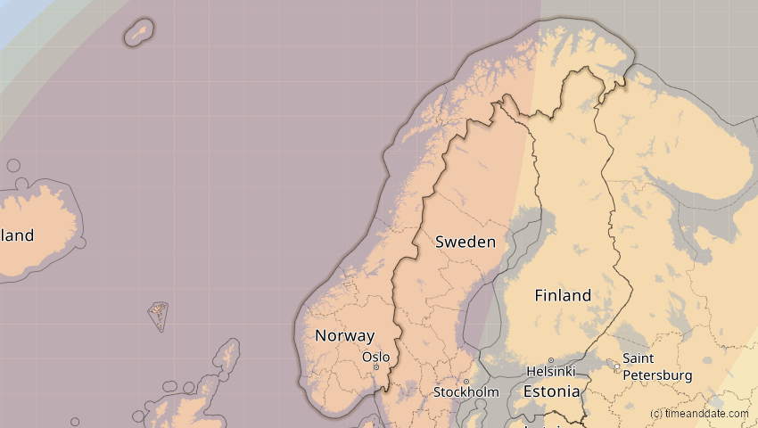 A map of Norwegen, showing the path of the 5. Feb 2065 Partielle Sonnenfinsternis