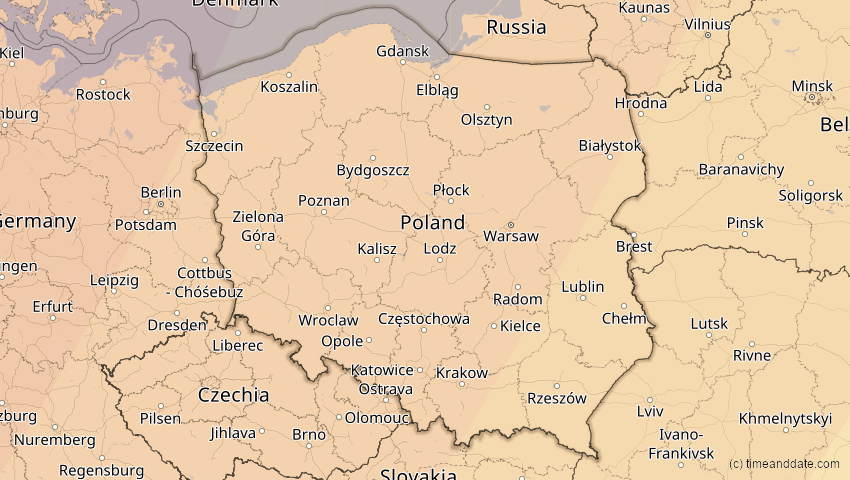A map of Polen, showing the path of the 5. Feb 2065 Partielle Sonnenfinsternis