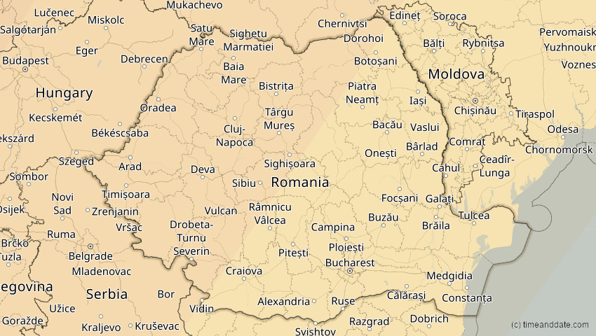 A map of Rumänien, showing the path of the 5. Feb 2065 Partielle Sonnenfinsternis