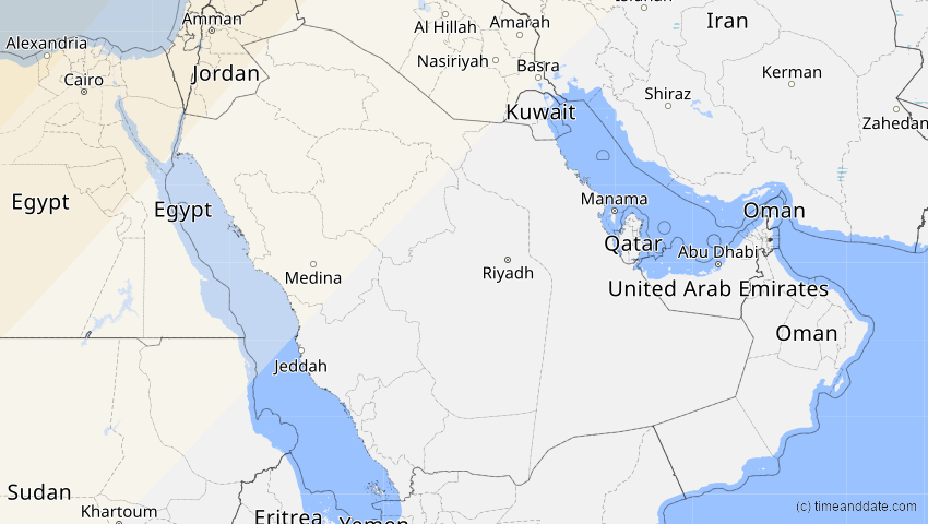 A map of Saudi-Arabien, showing the path of the 5. Feb 2065 Partielle Sonnenfinsternis