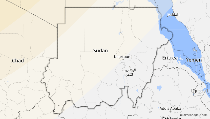 A map of Sudan, showing the path of the 5. Feb 2065 Partielle Sonnenfinsternis
