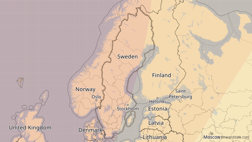 A map of Schweden, showing the path of the 5. Feb 2065 Partielle Sonnenfinsternis